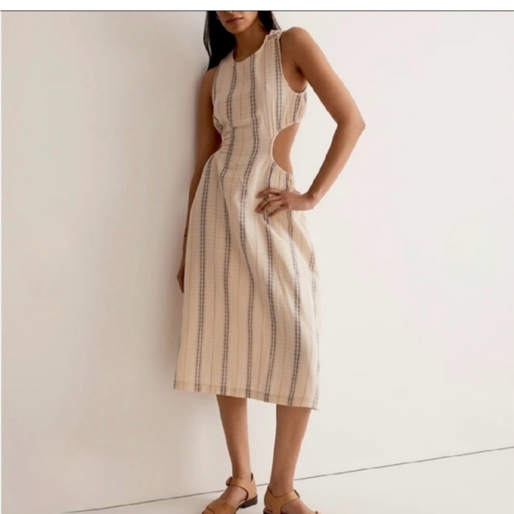 Madewell Cream Midi Dress with Navy Stripes and Side Cutouts
